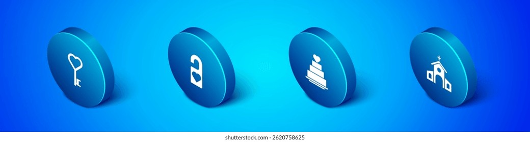 Set Isometric Key in heart shape, Wedding cake with, Church building and Please do not disturb icon. Vector
