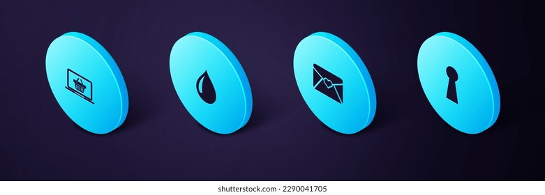 Set Isometric Keyhole, Envelope with Valentine heart, Water drop and Shopping basket on laptop icon. Vector