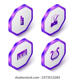 Set Isometric Keytar, Metronome with pendulum, Music synthesizer and Ancient Greek lyre icon. Purple hexagon button. Vector