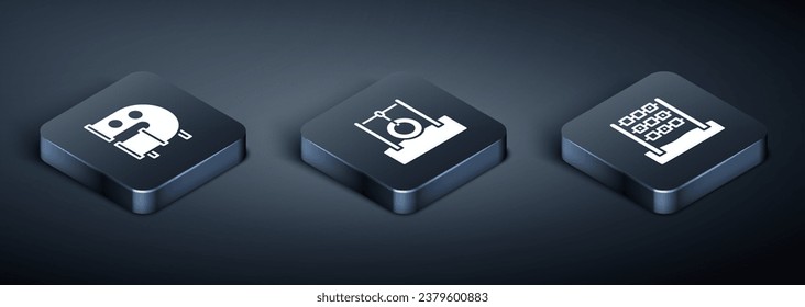 Set Isometric Kid playground slide pipe, Tic tac toe game and Car tire hanging on rope icon. Vector