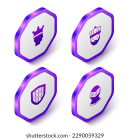 Set Isometric King crown, with, Shield and Medieval helmet icon. Purple hexagon button. Vector