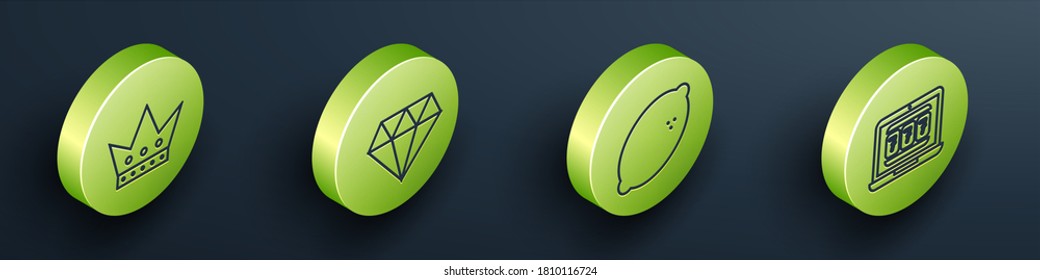 Set Isometric King playing card, Diamond, Casino slot machine with lemon and Laptop and slot machine icon. Vector