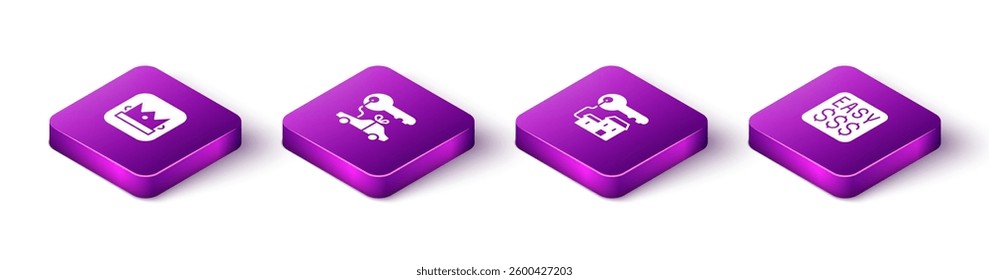 Set Isometric King playing card, Car gift, Winning house with key and Money prize casino icon. Vector