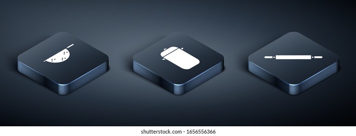 Set Isometric Kitchen colander, Rolling pin and Cooking pot icon. Vector