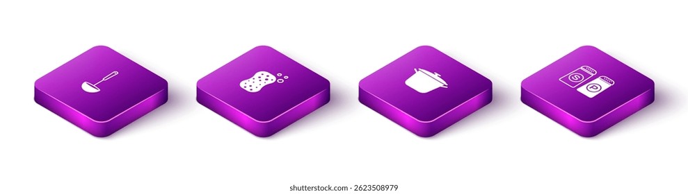 Set Isometric Kitchen ladle, Sponge with bubbles, Cooking pot and Salt and pepper icon. Vector