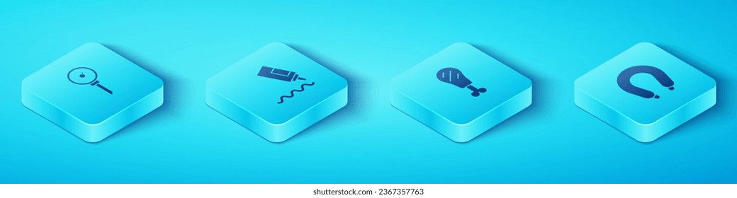 Set Isometric Kitchen thermometer, Sauce bottle, Sausage and Chicken leg icon. Vector