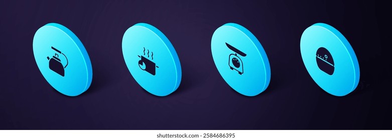 Set Isometric Kitchen timer, Scales, Cooking pot and Kettle with handle icon. Vector