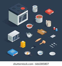 a set of isometric  kitchen utensils icons