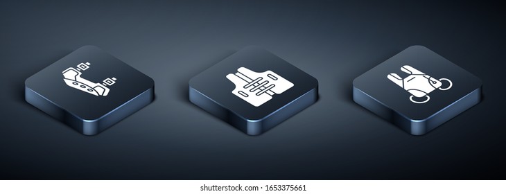 Set Isometric Knee pads, Parachute and Life jacket icon. Vector