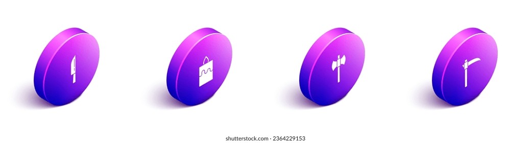 Set Isometric Knife, Burning candle, Wooden axe and Scythe icon. Vector