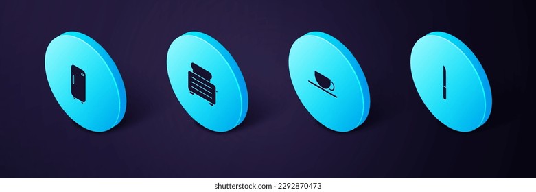 Set Isometric Knife, Coffee cup, Toaster with toasts and Refrigerator icon. Vector