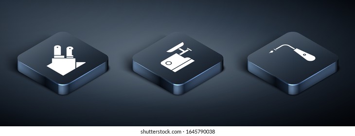 Set Isometric Knife, Long electric lighter and Kitchen meat grinder icon. Vector