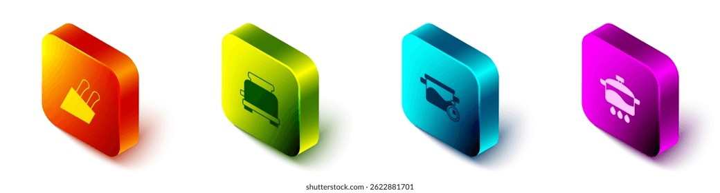 Set Isometric Knife, Toaster, Cooking pot and  icon. Vector