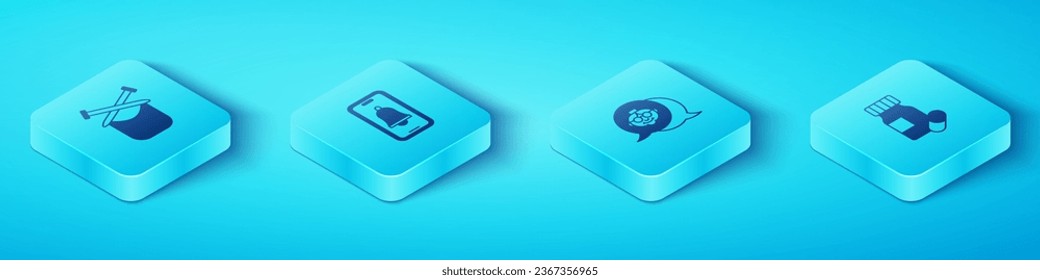 Set Isometric Knitting, Emergency phone call, Medicine bottle and pills and Grandmother icon. Vector