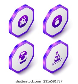 Set Isometric Kung Pao chicken, Wonton, Asian noodles in paper box and Bottle of sake icon. Purple hexagon button. Vector