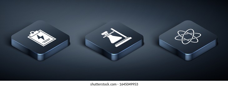 Set Isometric Laboratory clipboard with checklist, Atom and Test tube flask on stand icon. Vector