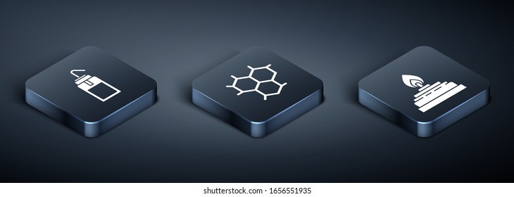 Set Isometric Laboratory wash bottle, Alcohol or spirit burner and Chemical formula icon. Vector