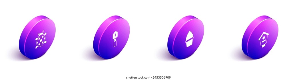 Set Isometric Ladybug, Shovel, Cactus peyote in pot and Bird house icon. Vector