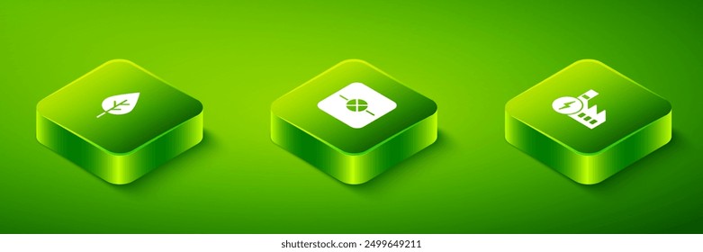 Set Isometric Lamp in electronic circuit, Nuclear power plant and Leaf Eco symbol icon. Vector