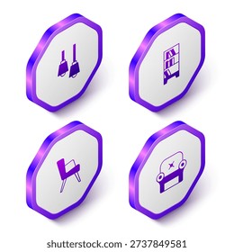 Set Isometric Lamp hanging, Library bookshelf, Armchair and  icon. Purple hexagon button. Vector