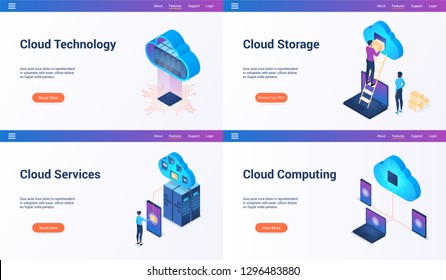 Set of isometric landing page template for cloud technology, computing, storage, cloud services. Vector illustration mock-up for website and mobile website