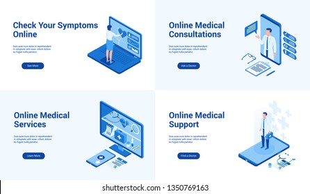 Set of isometric landing page template for online medical services, support, consultation, check symptoms online. Vector illustration mock-up for website and mobile website