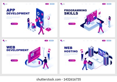 Set of isometric landing page template for App and Web Development, Programming, Hosting. Modern vector illustration isometric concepts decorated people character for website development.
