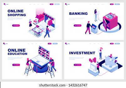 Set of isometric landing page template for Online Shopping, Banking, Education, Investment. Modern vector illustration isometric concepts decorated people character for website development.