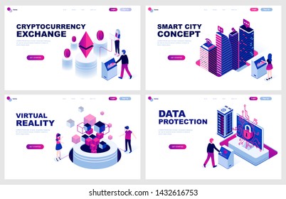 Set of isometric landing page template for Cryptocurrency, Smart City, Virtual Reality, Protection. Modern vector illustration isometric concepts decorated people character for website development.