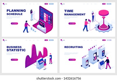 Set of isometric landing page template for Planning, Time Management, Statistic, Recruiting. Modern vector illustration isometric concepts decorated people character for website development.