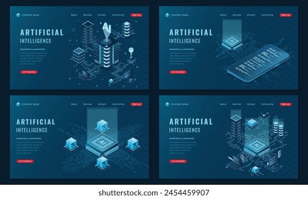 Set of isometric landing page template. Modern technology concept for artificial intelligence. Cloud computing server. Machine learning technology