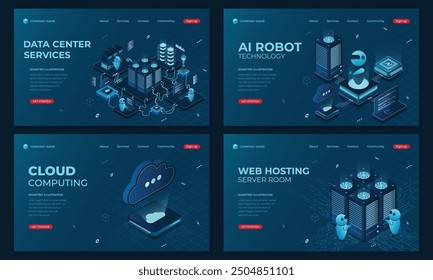 Conjunto de Plantillas isométricas de landing page. Concepto de tecnología moderna para centro de datos con servidor, inteligencia artificial y tecnología de alojamiento de Web