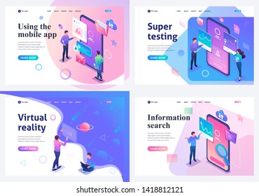 Set isometric landing pages, a concept with young teenagers working on a tablet and on a mobile phone screen. For website and mobile website development