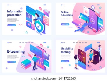 Set isometric landing pages, concept online training, information protection, mobile application testing