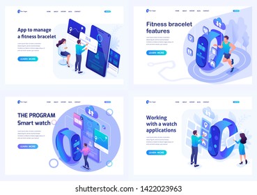 Set isometric landing pages, mobile application testing concepts for smart watches and fitness wristband. For website and mobile apps development