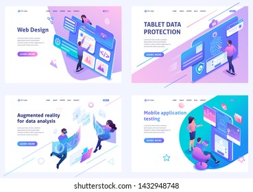 Set isometric landing pages, on the topic of web design, information security, mobile application testing, alternative reality. For website and mobile apps develop