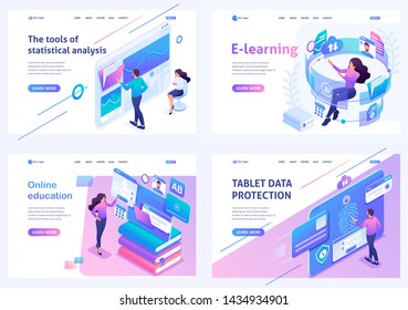 Set Isometric Landing Pages, On The Topic Of Online Training, Information Security, Data Analytics. For Website And Mobile Apps Development