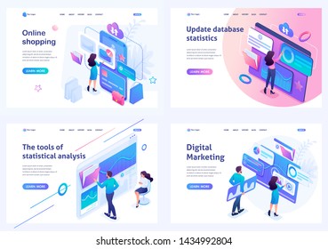 Set isometric landing pages, on the topics of online shopping, statistical analysis, digital marketing. For website and mobile apps development