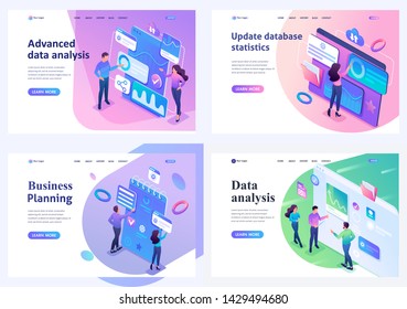 Set isometric landing pages, Young people collect and analyze data, make business plans. For website and mobile apps development