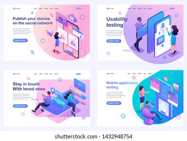 Set isometric landing pages, young people test and use mobile applications in social networks. For website and mobile apps development