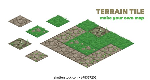 Set of isometric landscape design compositions for city constructor or other game type. Terrain tile. isolated vector illustration. Make your own road. Grass and stone isometric view