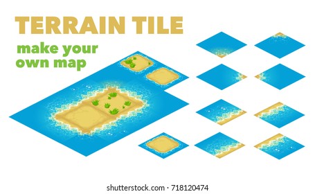 Set of isometric landscape design compositions for city constructor or other game type. Isolated vector illustration. Land and small islands. Make your own ocean.