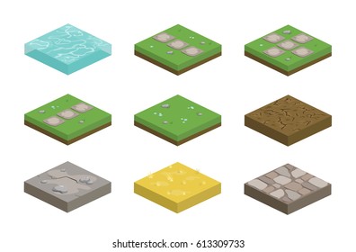 Set of isometric landscape design tiles with different surfaces - grass, water, dirt, stone, pavement and parts for creating path