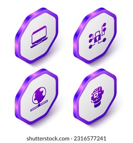 Coloque un portátil isométrico, ciberseguridad, tecnología global y gafas inteligentes en el icono de los espectáculos. Botón hexágono púrpura. Vector