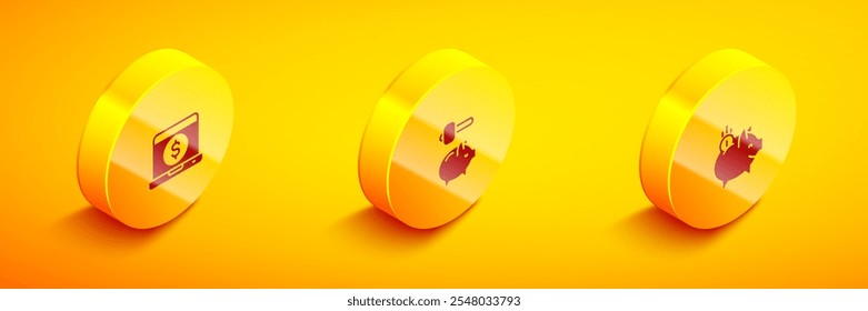 Set Isometric Laptop with dollar, Piggy bank and hammer and coin icon. Vector