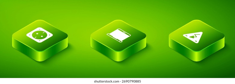 Defina o ícone do Laptop Isométrico, Alta tensão e Tomada elétrica. Vetor