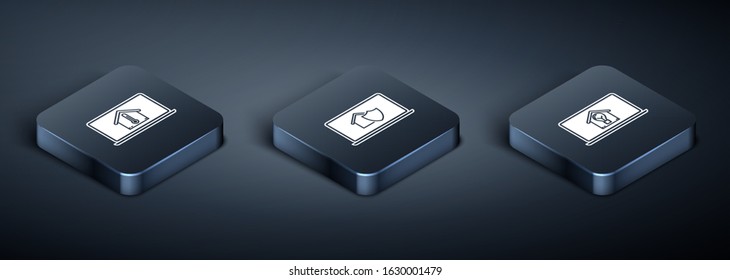 Set Isometric Laptop with house temperature, Laptop with smart house and light bulb and Laptop with house under protection icon. Vector