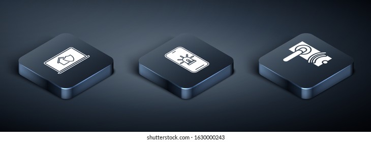Set Isometric Laptop with house under protection, Digital door lock with wireless technology for unlock and Mobile phone with smart house and alarm icon. Vector
