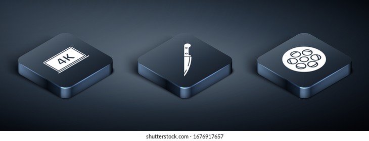 Ajusta la pantalla Isometric Laptop con tecnología de video 4k , Reel de película e icono de Cuchilla. Vector