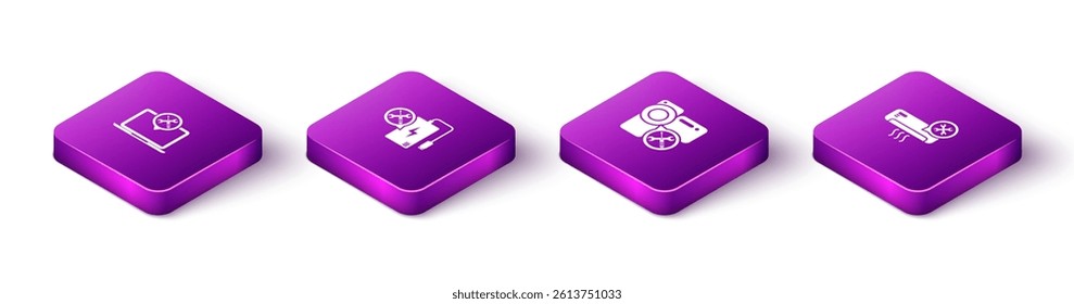 Set Isometric Laptop service, Power bank, Video camera and Air conditioner icon. Vector